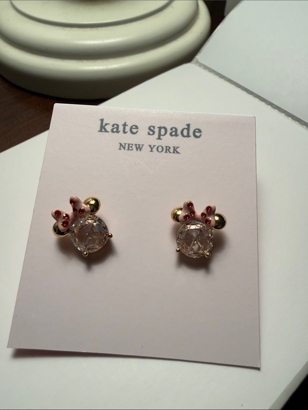 kate spade gold-tone crystal stud earrings with Minnie Mouse pink bow accents